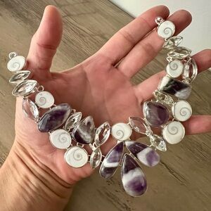 925 OMG GORG! Dream Amethyst + Shivas Eye Shell Goddess Collar Bib Necklace